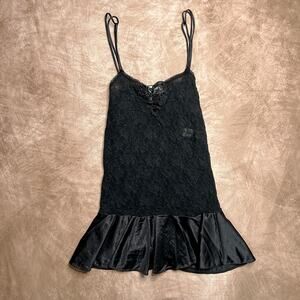 Vintage 80s Delicates Black Lace Sheer Mini Slip Dress Ruffled Hem Whimsigoth